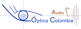 Logo de &Oacute;ptica Colombia Audio en azul y naranja, con un ojo estilizado y una oreja.