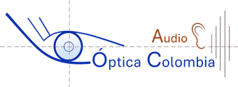 Logotipo de &Oacute;ptica Colombia Audio, con texto azul y naranja y un icono de oreja.