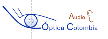 Logotipo de &Oacute;ptica Colombia Audio, con texto azul y naranja y un icono de oreja.