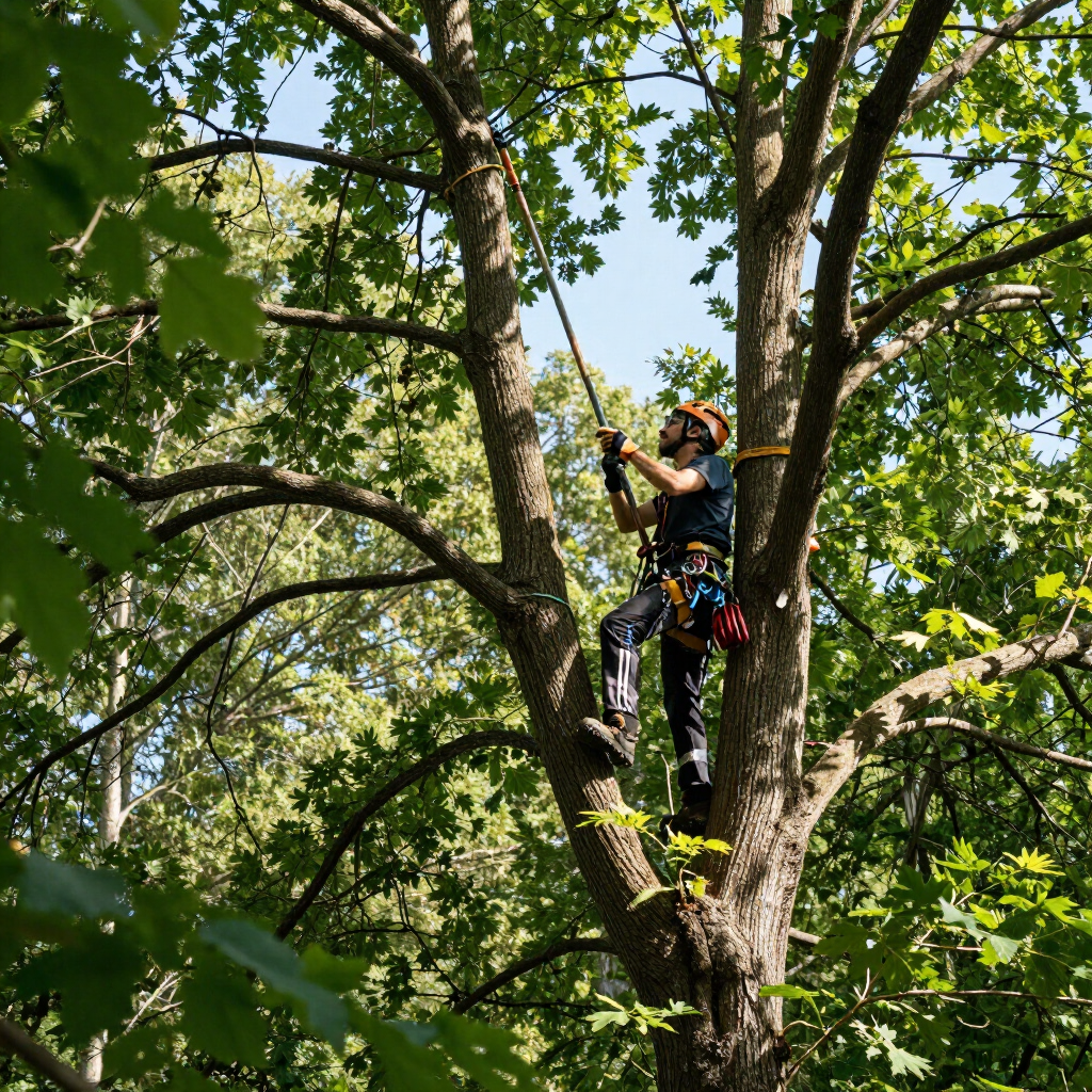 Un arborista trepa a un gran árbol y utiliza una herramienta entre hojas verdes.
