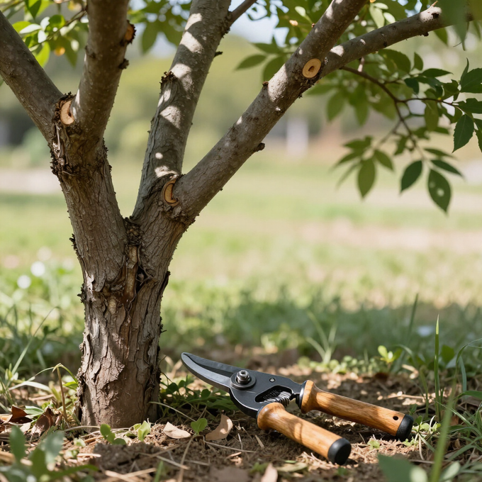Tijeras de podar en el suelo junto a un árbol en un jardín cubierto de hierba.