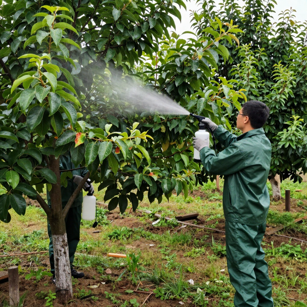 Persona rociando pesticida en árboles frutales de un huerto con un pulverizador de mochila.