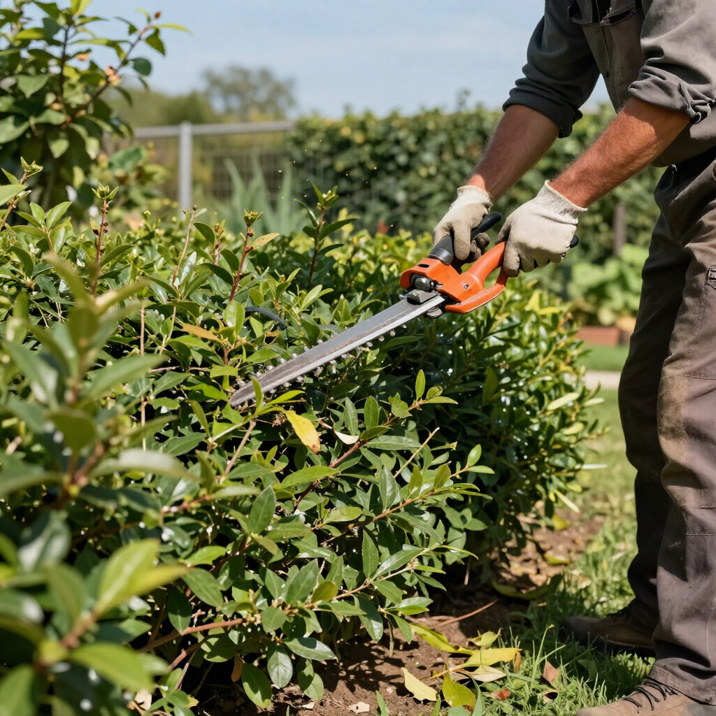 Una persona poda un arbusto verde con tijeras de podar naranjas en un jardín.