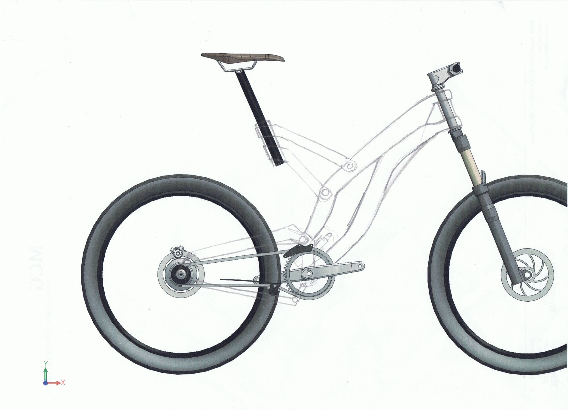 Picture of hand sketched Mountainbike suspension kinematic frame concept