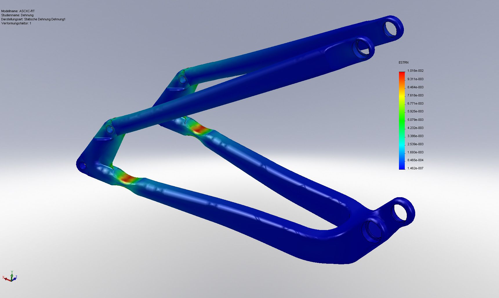 Screenshot image of a Mountainbike suspension rear triangle FEA strain plot