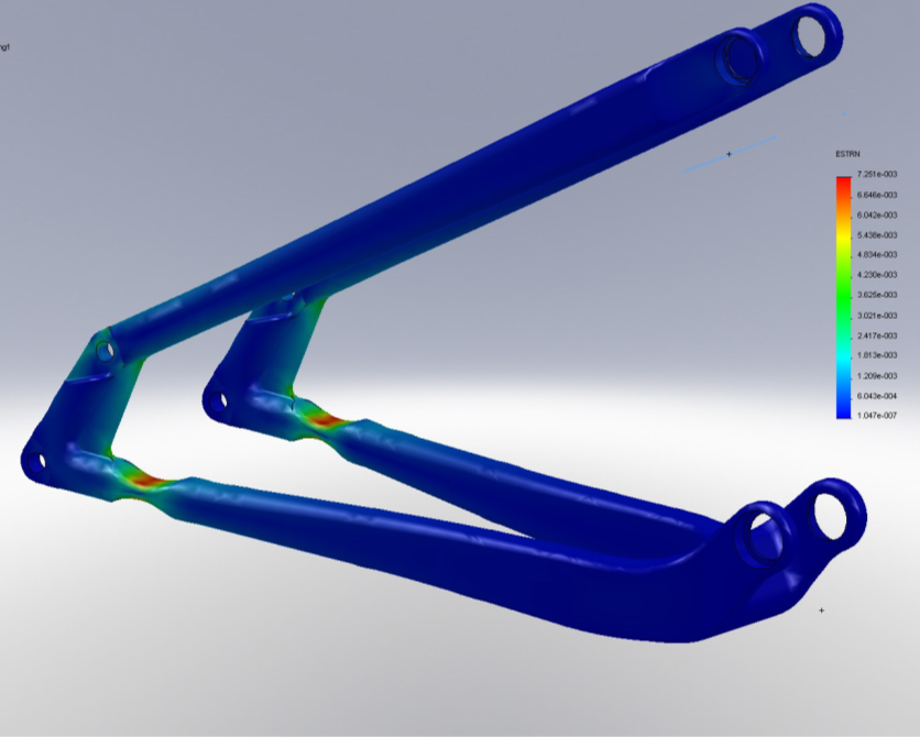 Screenshot image of a Mountainbike suspension rear triangle FEA strain plot