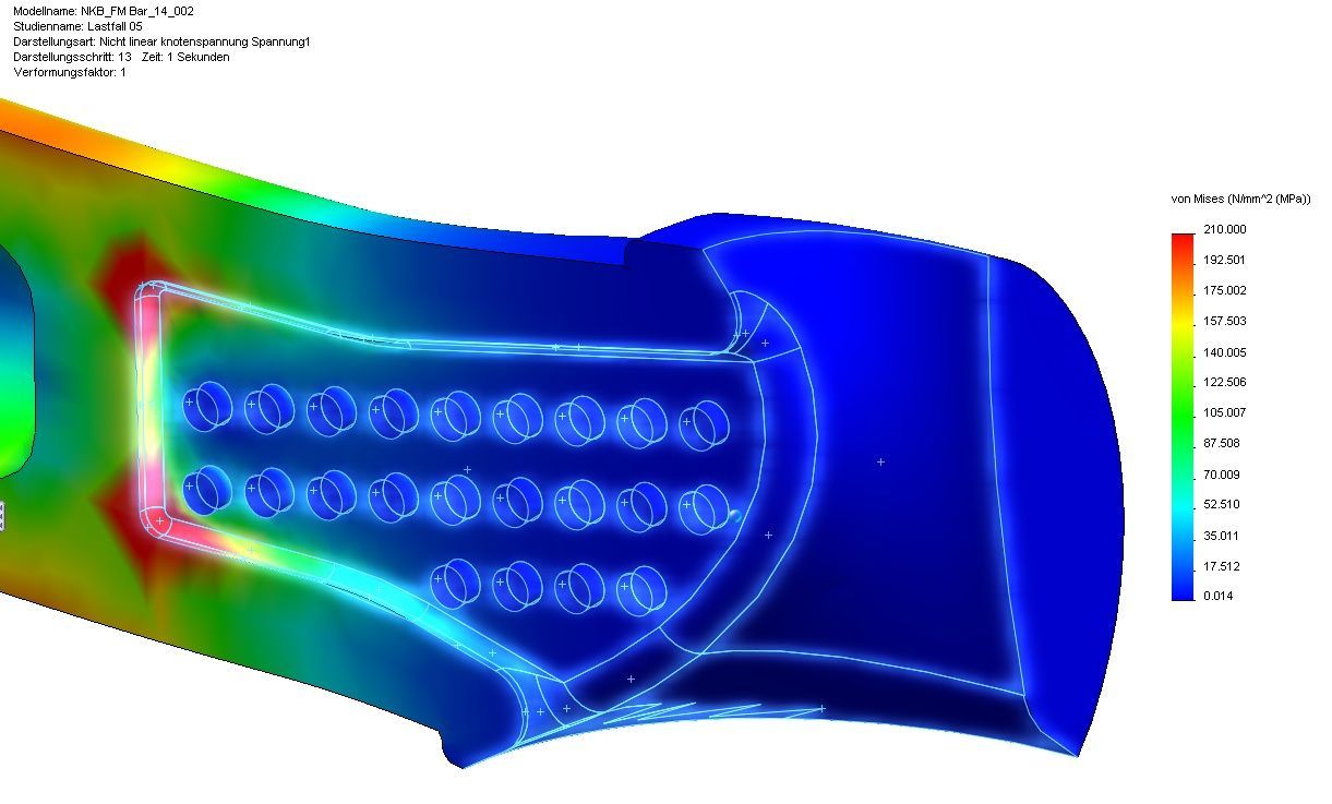 3D FEA Screenshot of contact simulation in a Kite-Bar center piece