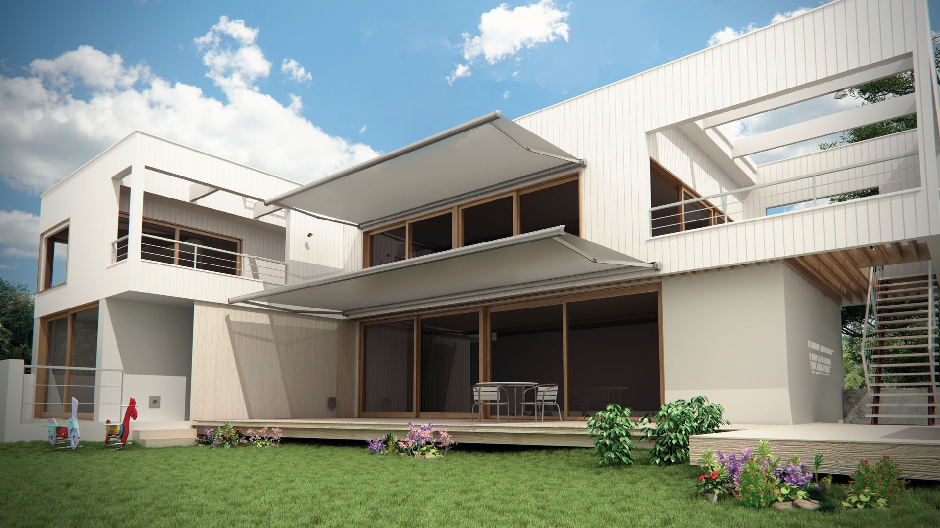 Gros plan sur le toit d'une terrasse avec des panneaux de verre transparents à gauche et une toile rétractable à rayures blanches à droite.