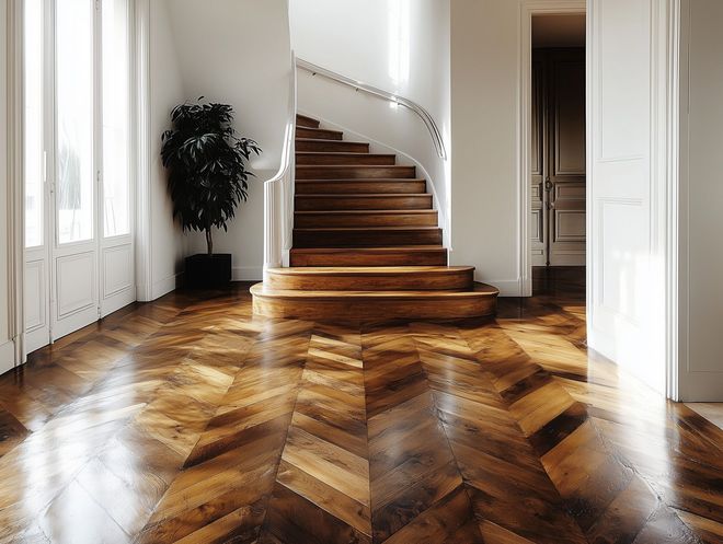 Parquet brillant dans une entrée lumineuse avec escalier en bois, plante en pot et portes blanches.