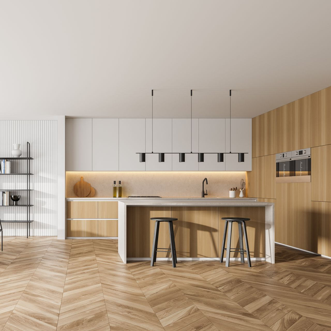 Cuisine moderne avec placards en bois clair, îlot central avec tabourets et parquet à chevrons.