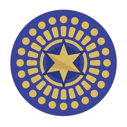 Ein blau-gelber Kreis mit einem Stern in der Mitte.