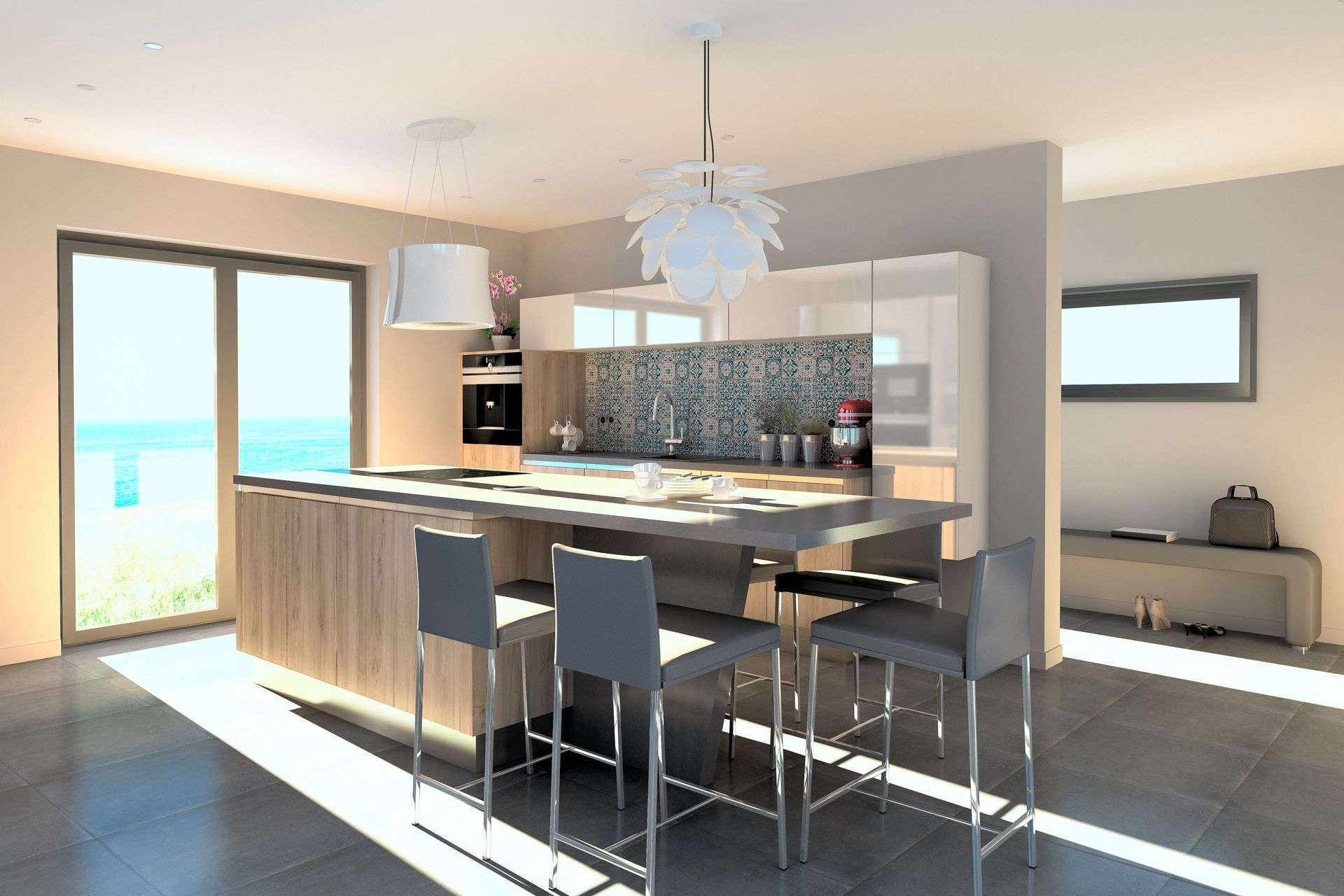Cuisine moderne avec îlot central, tabourets de bar, suspensions lumineuses et portes coulissantes en verre baignées de lumière naturelle.