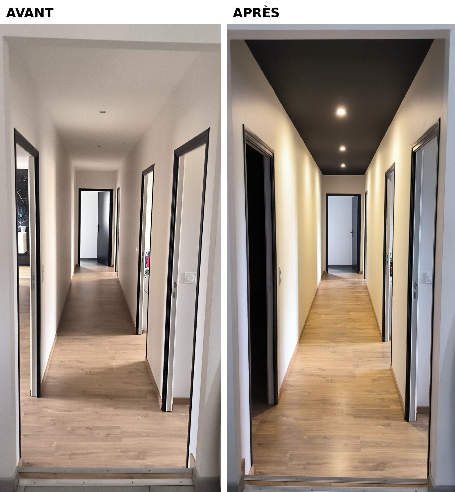 Avant/après d’un couloir rénové, avec plafond noir et sol en bois clair.