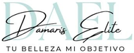 Logotipo de "Damaris Elite", con el lema "Tu Belleza Mi Objetivo" en letra negra sobre letras verde azulado pálido.