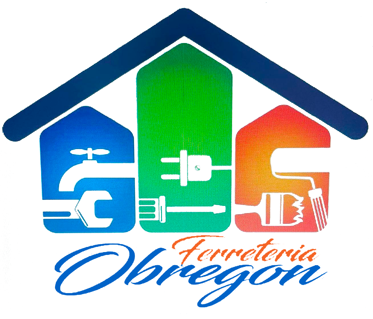 Un logotipo colorido para ferretería obragon con una casa en el medio.