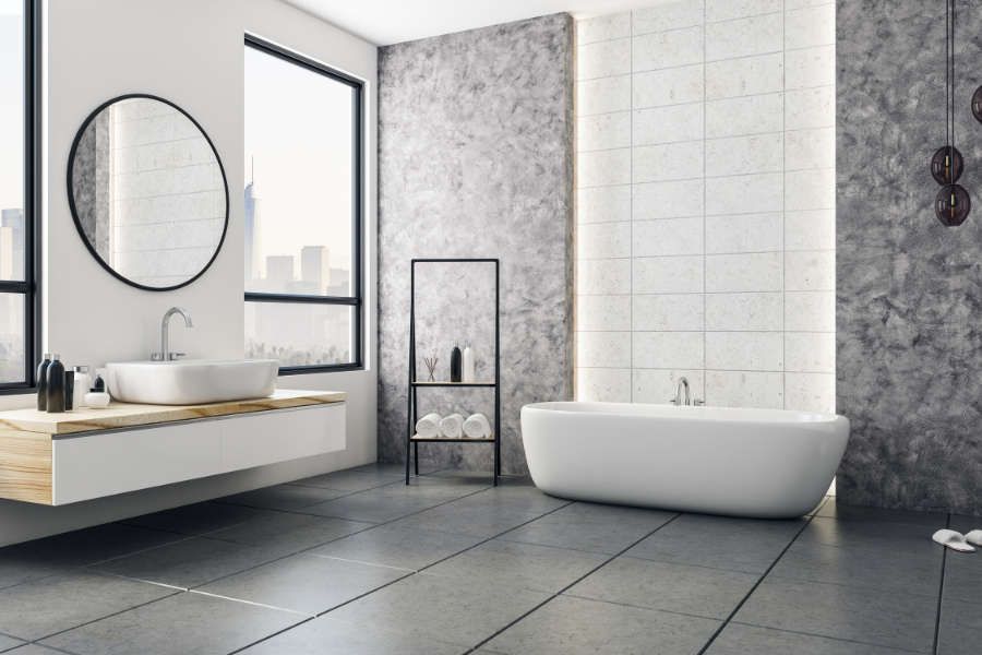 Badezimmer graue Steine Holzboden modern