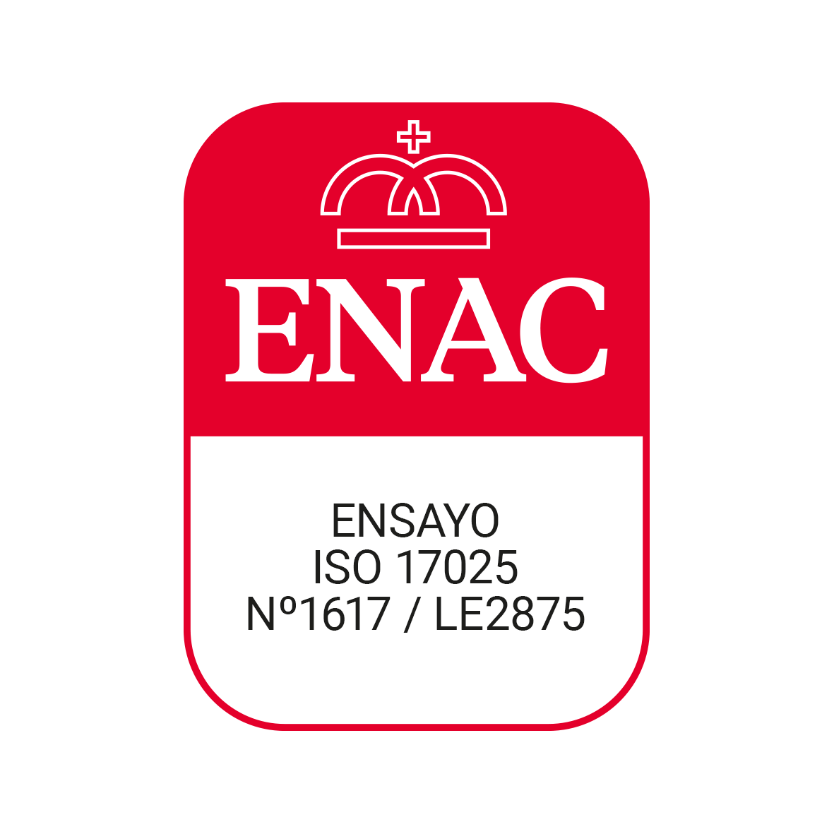 Logotipo de acreditación ENAC rojo y blanco. Contiene los textos