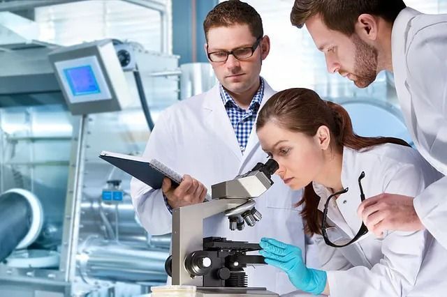 Un grupo de científicos está mirando a través de un microscopio en un laboratorio.