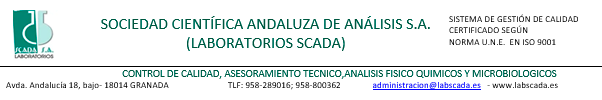 Banner for Sociedad Científica Andaluza de Análisis S.A. (Laboratorios SCADA) with contact details and logo on white background