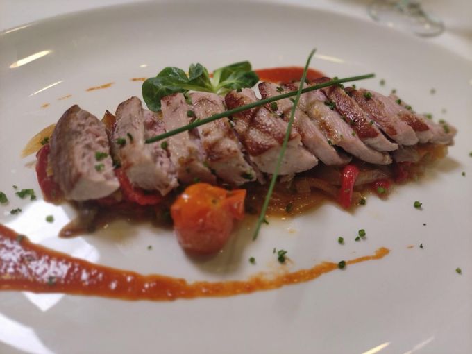 Carne en rodajas sobre verduras asadas, adornada con hierbas y salsa de tomate en un plato blanco.