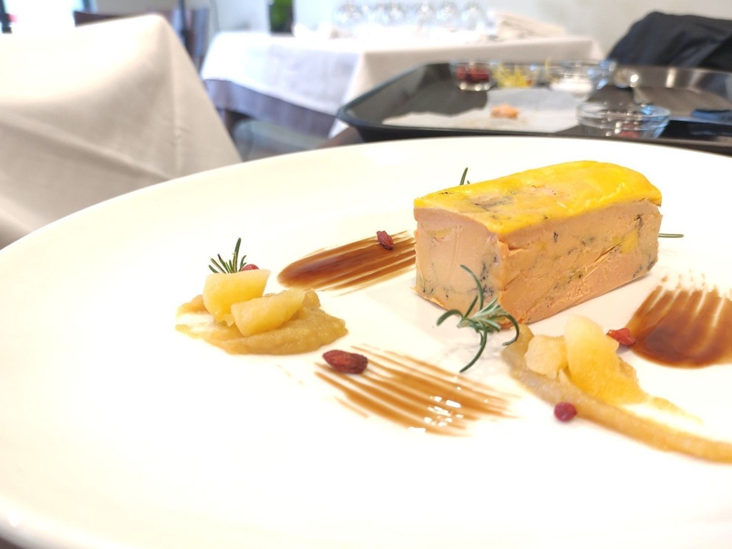 Plato de comida con un bloque de color salmón, remolinos de salsa marrón, trozos de manzana y hierbas, sobre un plato blanco.