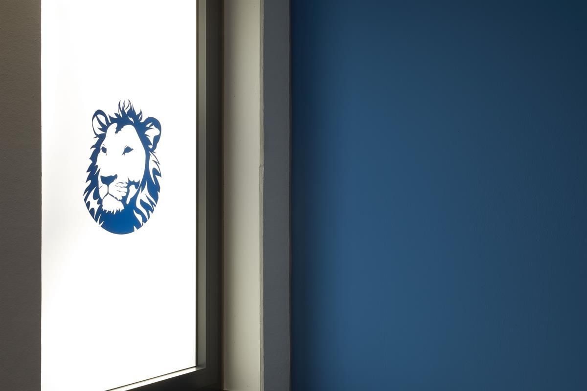 Ein Fenster mit einem Bild eines Löwen darauf