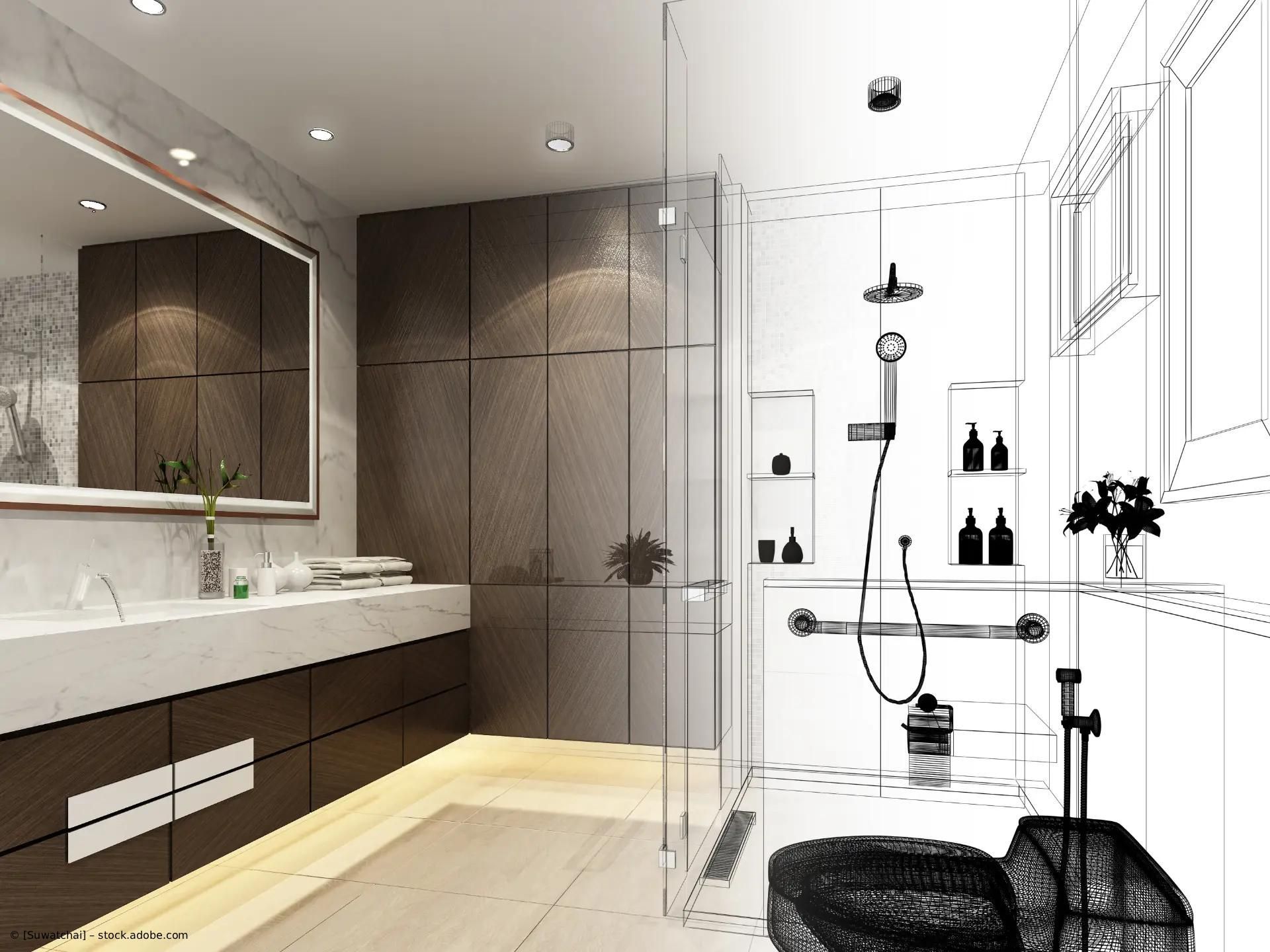 Ein Badezimmerschrank mit Dusche geht von einem realistischen Foto links in ein schwarz-weißes Architektur-Drahtmodell über.