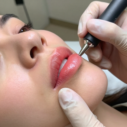 Procedimiento cosmético de labios con un dispositivo manual que aplica el tratamiento a los labios brillantes.