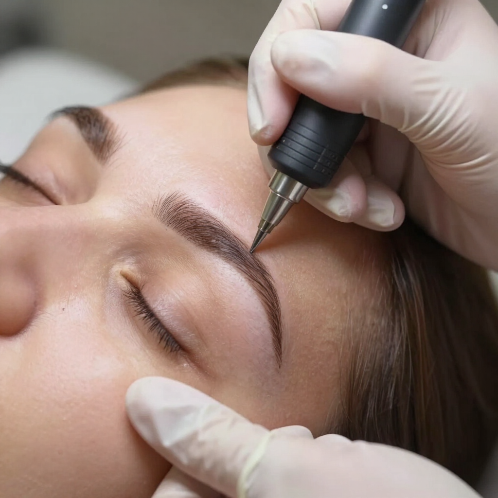 Manos enguantadas utilizando una herramienta de microblading en una ceja cerrada durante un tratamiento de belleza (primer plano)