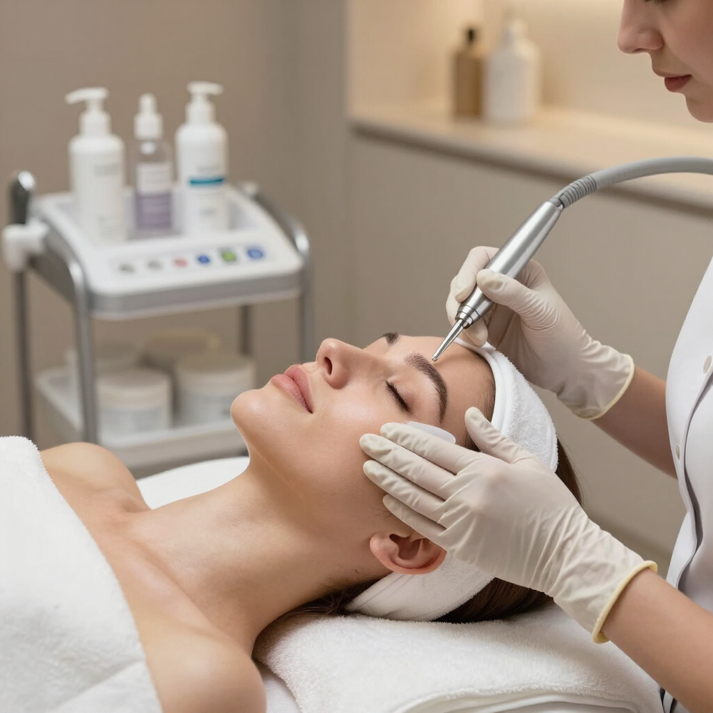 Tratamiento facial estético con manos enguantadas utilizando un dispositivo manual en el rostro del cliente.