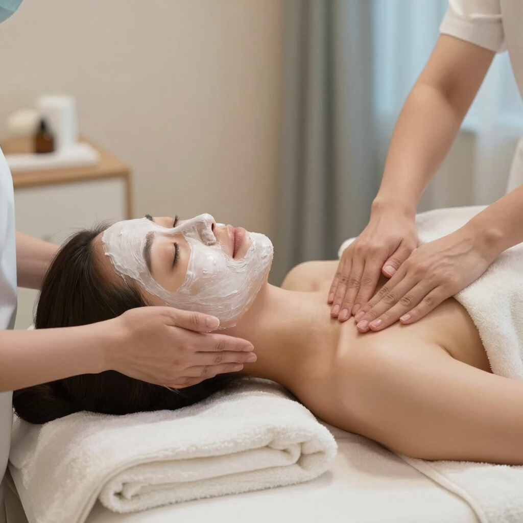 Masaje facial en un spa con una mujer tumbada en una camilla de tratamiento, con la cara cubierta de crema y las manos masajeándole los hombros.