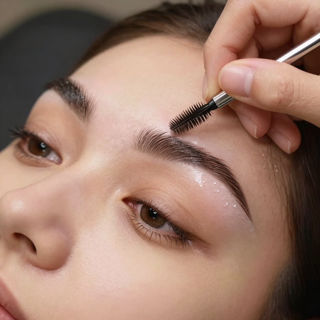 Rellenar una ceja con un pincel en un primer plano del rostro, mientras una mano aplica maquillaje.