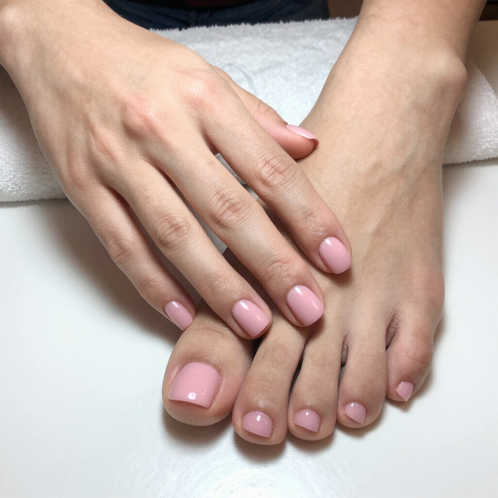 Manos y pies con manicura y pedicura de color rosa pálido sobre una toalla blanca.