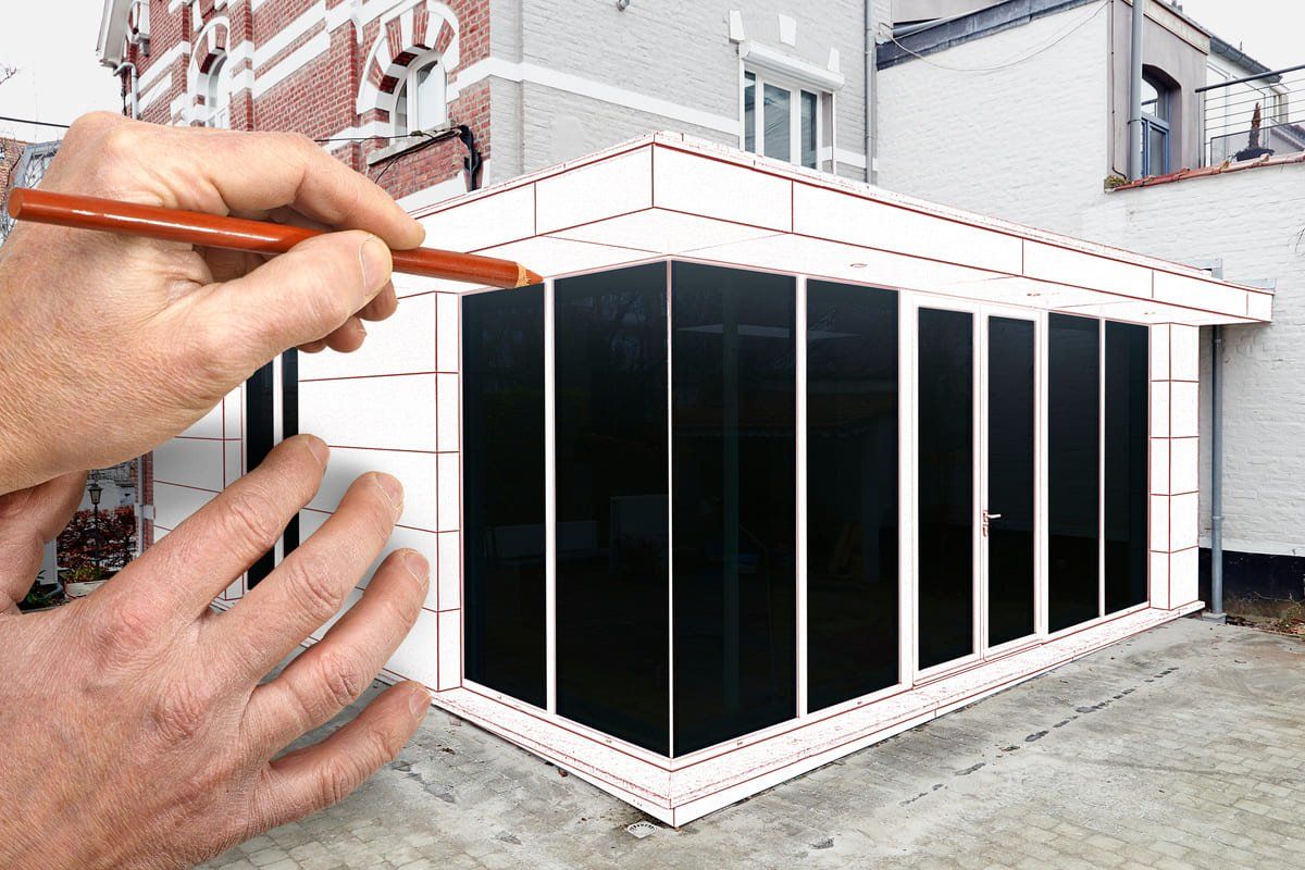 Dessin d'une extension de maison avec du bardage métallique