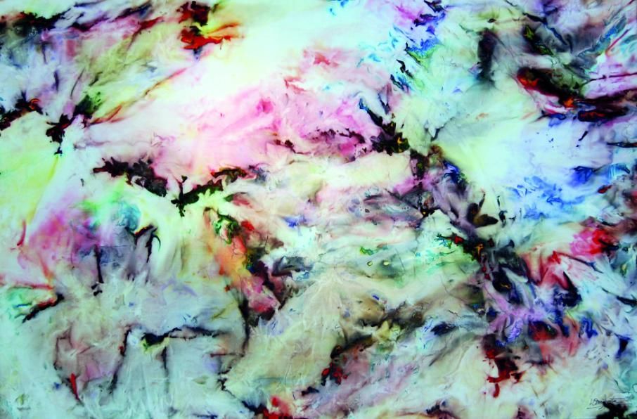 Patrón abstracto tie-dye en colores pastel: rosa, azul, verde, amarillo y negro.