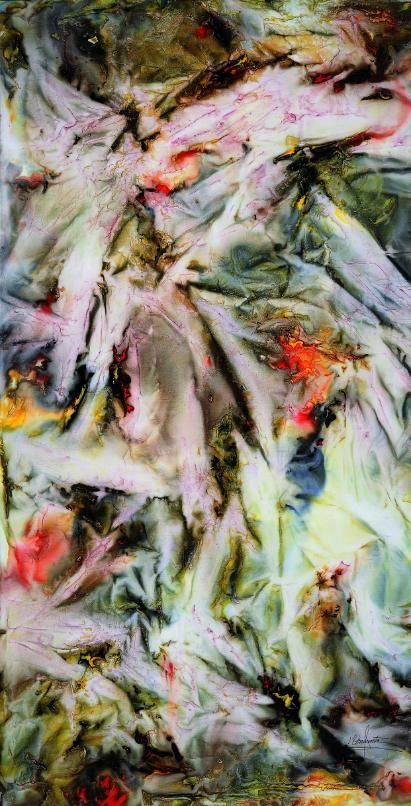 Obra abstracta con colores y texturas mixtas. 