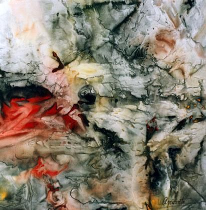 Cuadro abstracto con texturas jaspeadas de color rojo, gris y blanco.