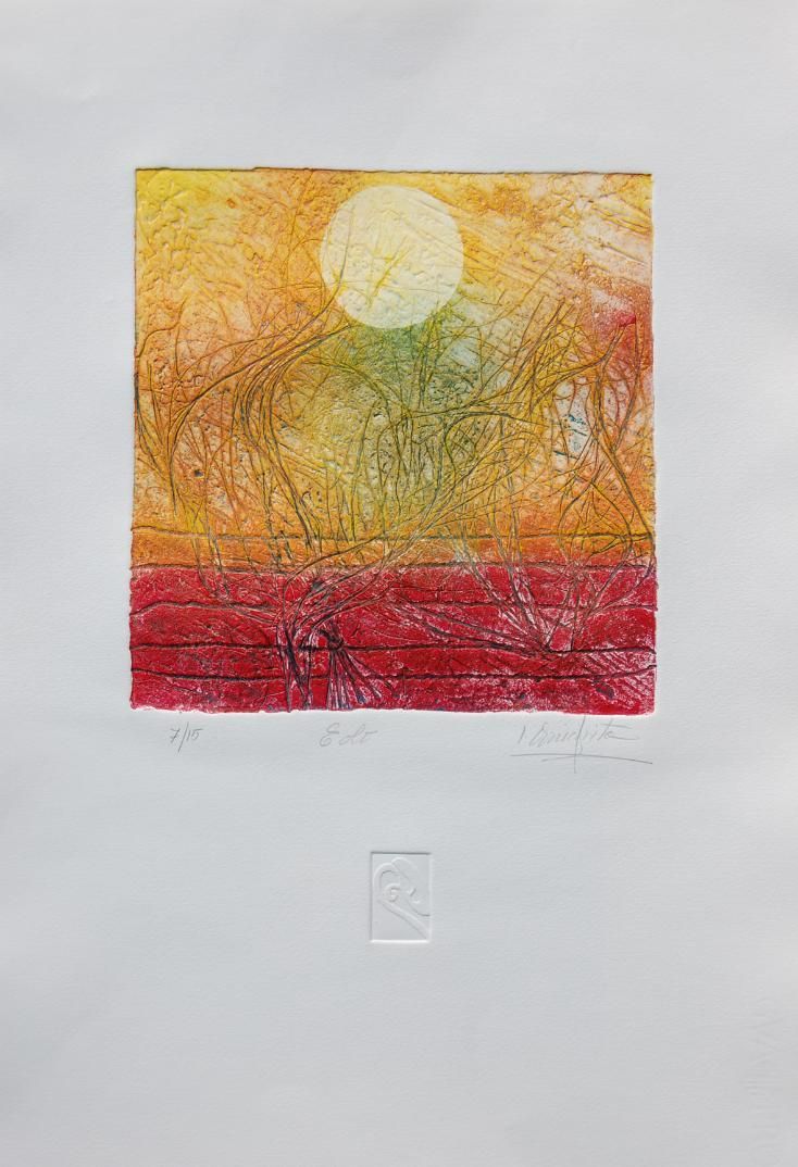 Pintura abstracta de acuarela, principalmente rojos y rosas. Presenta formas geométricas y efectos texturizados.