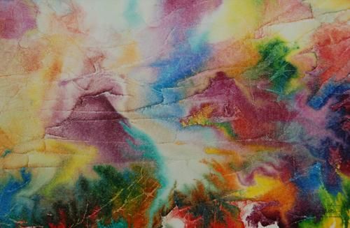 Arte de acuarela abstracto, con toques vibrantes de colores azul, rojo, amarillo, verde y rosa.