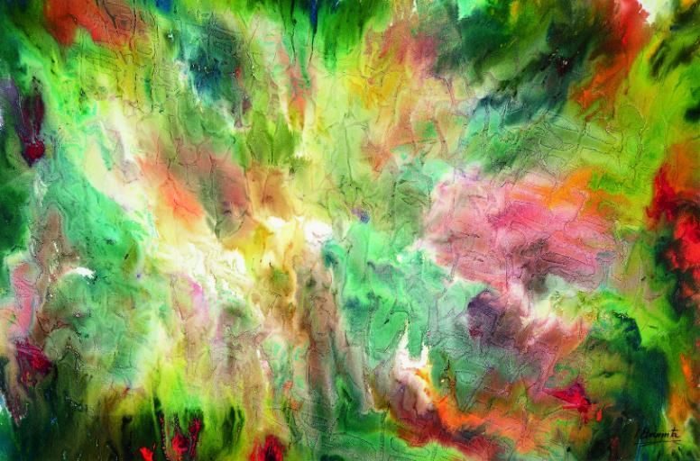 Pintura de acuarela abstracta en tonos verdes, amarillos, rosas y rojos; arremolinados y mezclados con un efecto texturizado.