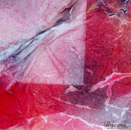 Pintura abstracta de acuarela, principalmente rojos y rosas. Presenta formas geométricas y efectos texturizados.