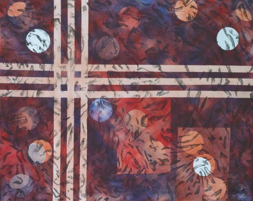 Acuarela abstracta con matices rosas y amarillos, efecto texturizado.