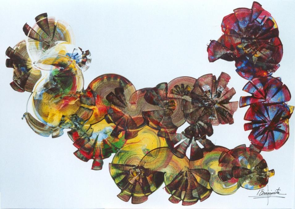 Pintura de acuarela abstracta en tonos verdes, amarillos, rosas y rojos; arremolinados y mezclados con un efecto texturizado.