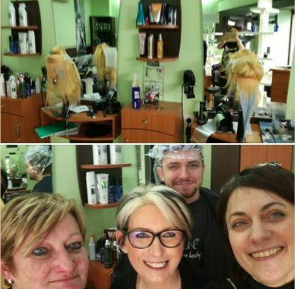 Montage de 2 photos qui montrent le salon et l'équipe