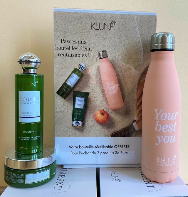 Produits capillaires, publicité et gourde Keune