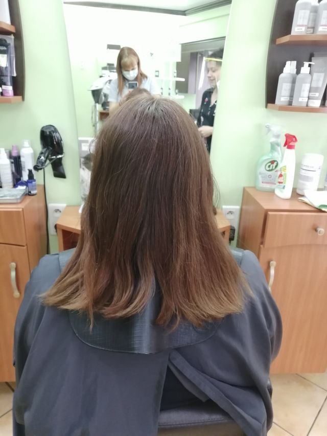 Chevelure châtain avec reflets roux vue de dos 