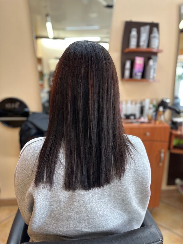 Femme de dos avec cheveux bruns lisses et épointés