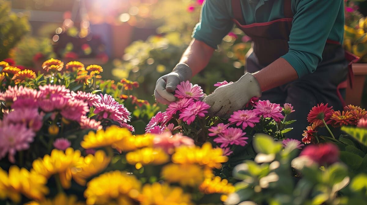 Un hombre está arrodillado en un jardín recogiendo flores.