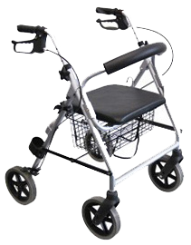 Silberner Gehwagen mit vier Rädern, schwarzem Sitz, Handbremsen und Korb zur Mobilitätsunterstützung.