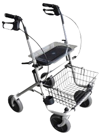 Rollator in Silber und Schwarz mit Tablett, Korb und Getränkehalter.